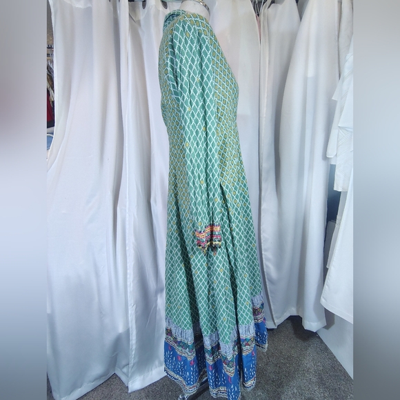 Biba Bohemian Maxi Dress, Patterned Green/Yellow Long Sleeve Ends/Buttons, 6 - Picture 5 of 16